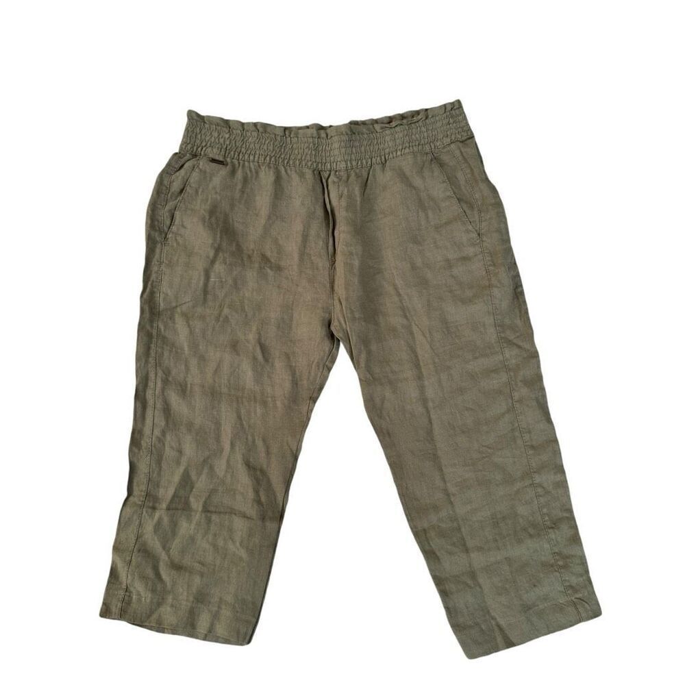 One of a kind Emee style 100% linen olive green capri pants elastic waist sz XL